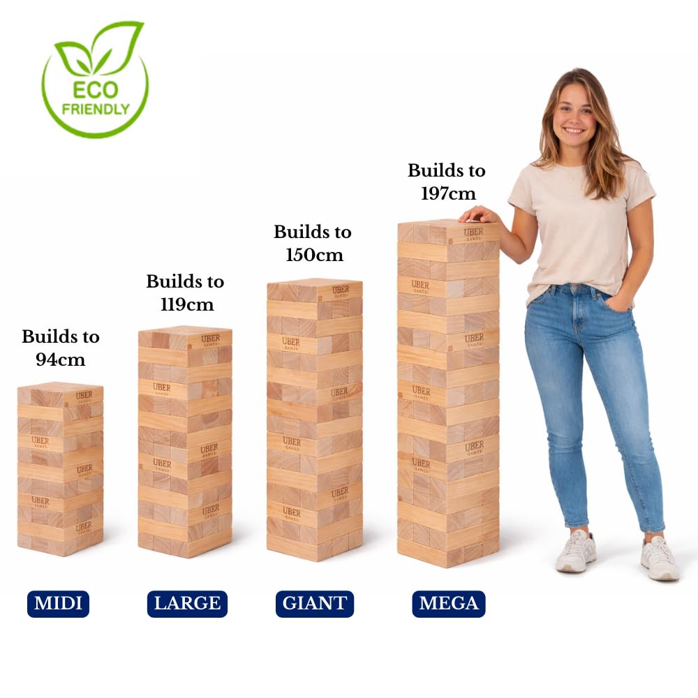 Ubergames Gigantyczna wieża ruchoma do 120+ cm XXL Jumbo Hi-Tower w torbie - 1,2 m (maks. w grze. Masywna sosna drewniana gra wieżowa - bardzo luksusowe bloki i torba (do 120 + cm)