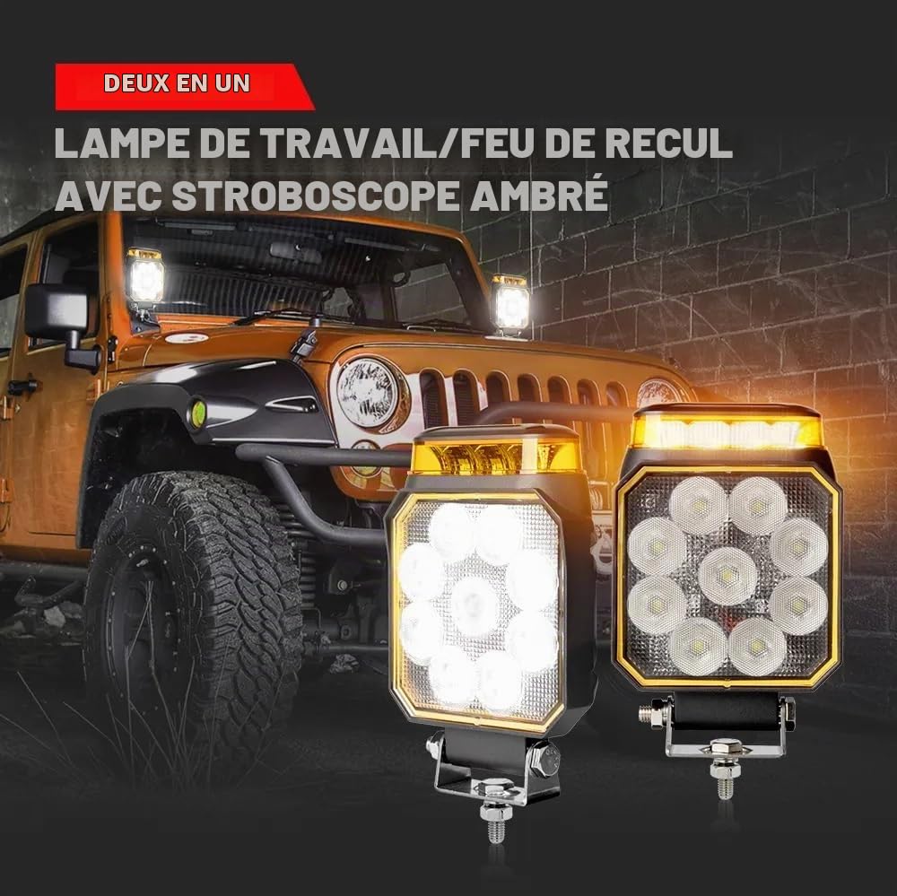2 Phares de Travail LED avec Gyrophare LED 12V 24V 10W Faisceau Flood Blanc Feu de Recul Feu Antibrouillard + Feu de Pénétration Stoboscopique Flash Orange