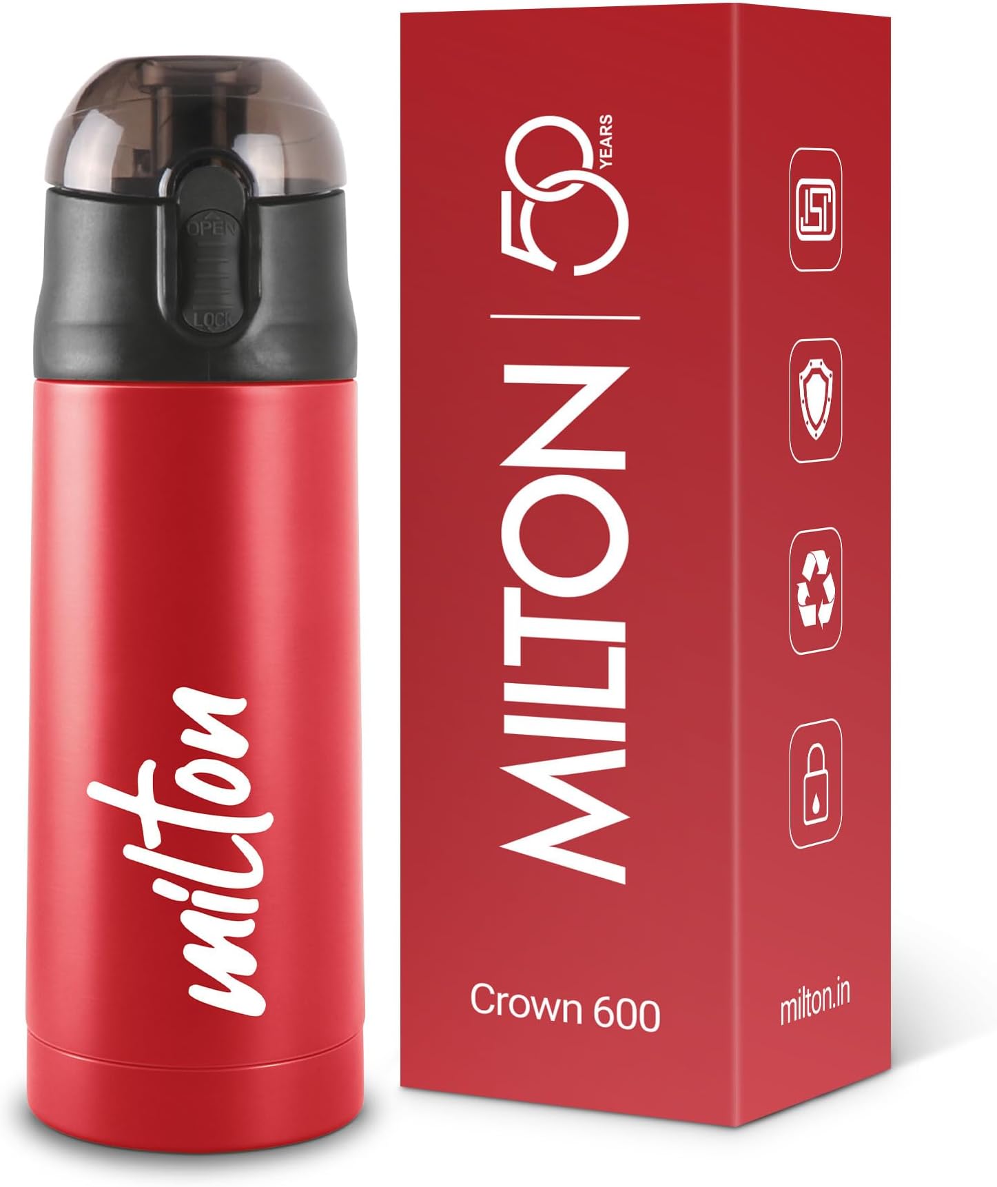 Milton New Crown 600 Thermosteel Water Bottle 500 ml with One Touch Safety Lock, 24 Hours Hot and Cold, Leak Proof Lid, ISI Certified I Vacuum Insulated I for Office, Gym, School I Red
