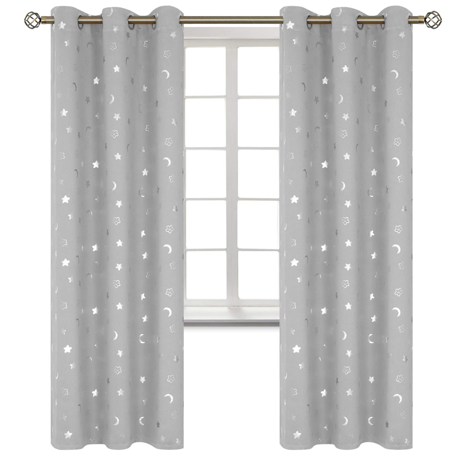 BGment Nursery Curtains for Kids Room, Star and Moon Blackout Curtains for Girls Boys Bedroom, Room Darkening Thermal Insulated Decor Window Grommet Curtains, 2 Panels, 42 x 84 Inch, Light Grey