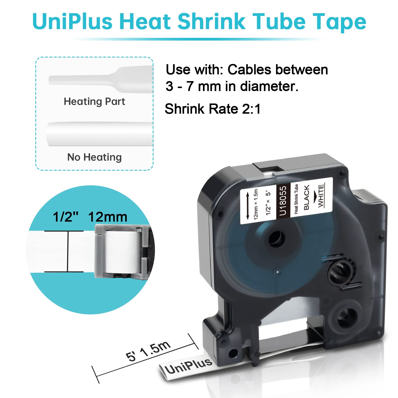 UniPlus 3x Compatibile per Dymo 18055 S0718300 Rhino Tubo Termoretraibile 12mm Nastro per Etichette Industriali Cassette per Dymo Rhino 5200 4200 5000 1000 3000 6000, Nero su Bianco, 12mm x 1.5m