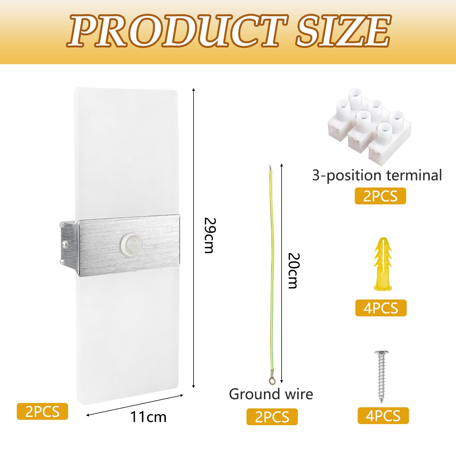 2 Pezzi Applique da Interno con Sensore di Movimento 12W Bianco Caldo 3000K | JaneYi LED Lampada da Parete Moderna in Acrilico e Alluminio Luce per Corridoio Scala Ingresso Balcone Soggiorno