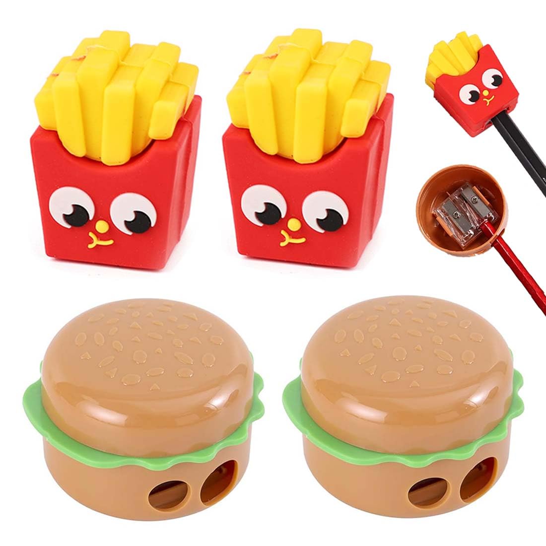 Temperino Con Serbatoio, 4 Pezzi, Motivi Hamburger E Patatine Fritte, Compatto E Leggero, Dimensioni Standard