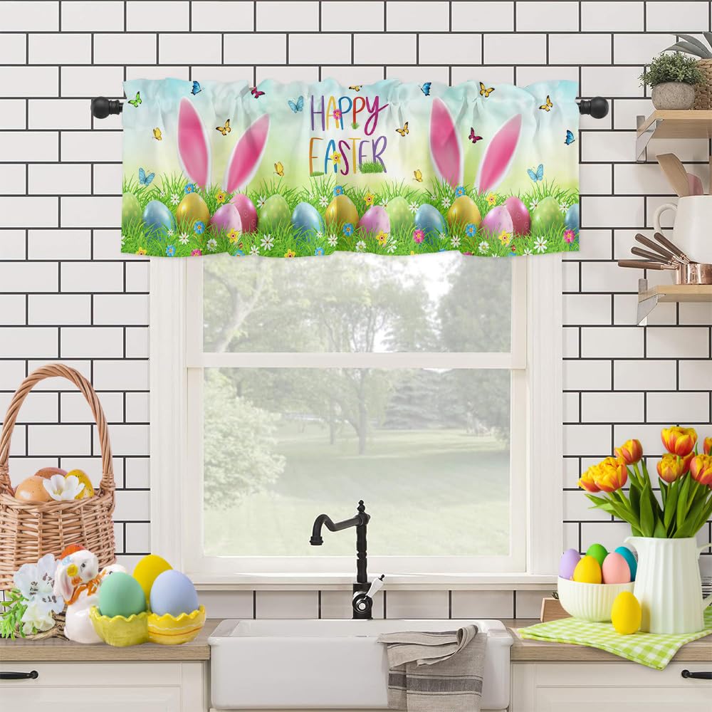 HELLOWINK Easter Valances for Kitchen Windows Spring Funny Rabbit Valance Curtains for Living Room, Easter Eggs Rod Pocket Window Valance Red Window Treatment for Bathroom Bedroom 54x18inch, Washable