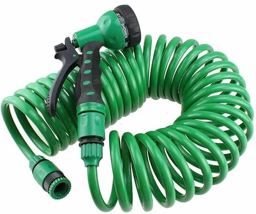 Garden Hose Pipe | Expandable Garden Coil Hose SprayGun Hosepipes Coil | 5 Function Pipe Reel Water SprayGun Nozzle Plant & Flower Watering Patio Decking Cleaning (10m-15m)
