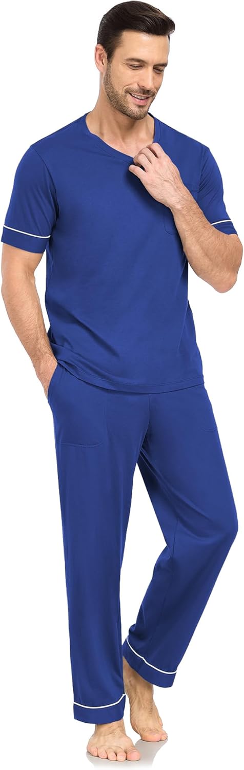 COLORFULLEAF Mens 100% Cotton Pajamas Set Short Sleeve V-Neck Sleepwear Soft Loungewear Pjs with Pockets - Image 2