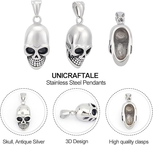 Miniatura 5 de UNICRAFTALE Acerca de 3 colgantes de calavera de plata antigua, dije de cabeza de calavera de acero inoxidable, 1.260 x 0.591 in, estilo retro de