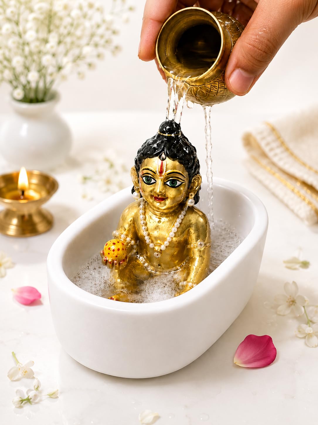 Laddu Gopal Ji Bath Tub | Kanha Ji Snan Tub for Bal Gopal & Thakur Ji | Handcrafted Concrete Bathing Tub for Janmashtami Pooja, Mandir & Daily Seva | White | Pack of 1-image-15