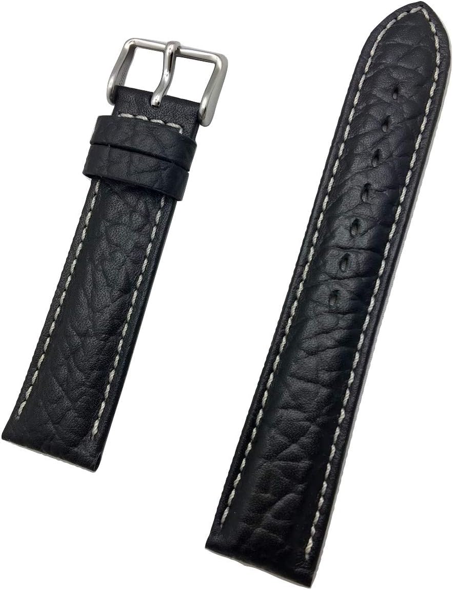NewLife 20mm Black Genuine Leather Watchband | Heavy Shrunken Grain, Padded Replacement Watchstrap with Off-White Stitching that brings to Any Watch (Mens Standard Length)