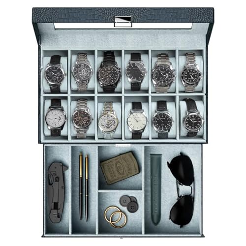 ProCase Watch Box, 12 Slot Mens Watch Case With Drawer, 2-Layer Watch Display Case With Glass Lid, Mens Jewelry Box Storage Holder Organizer, Birthday