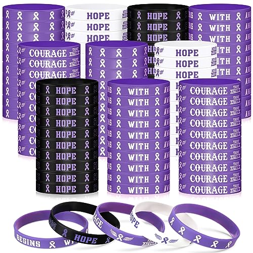 100 Pcs Domestic Violence Awareness Bracelets Bulk Pancreatic Cancer Epilepsy Purple Ribbon Bracelets Alzheimers Awareness Products Cancer Themed Rubber Wristbands for Charity Events