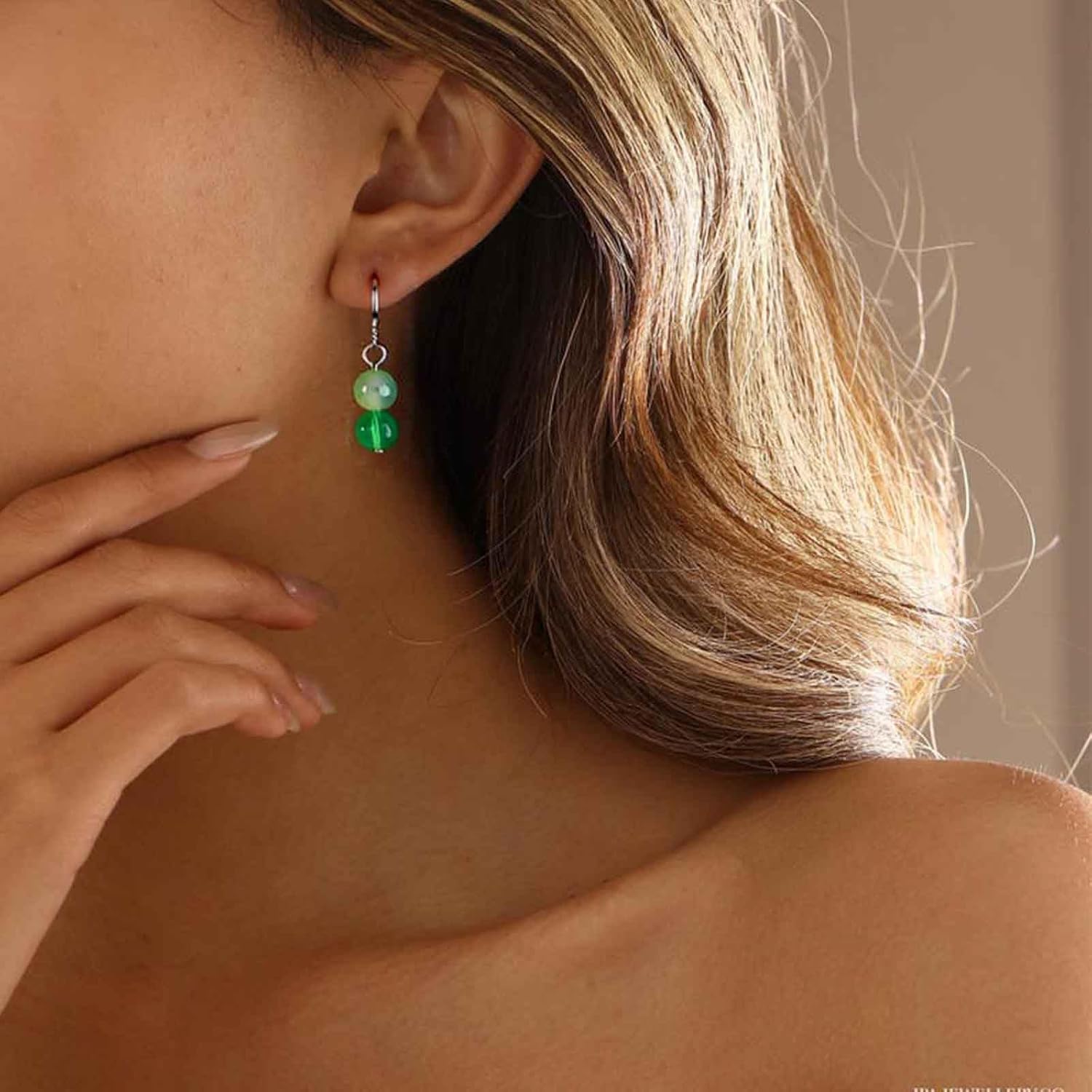 Boho Green Jade Beads Earrings Round Ball Beaded Dangle Drop Earrings Agate Beads Huggie Hoop Earring Jewelry for Women - Image 2