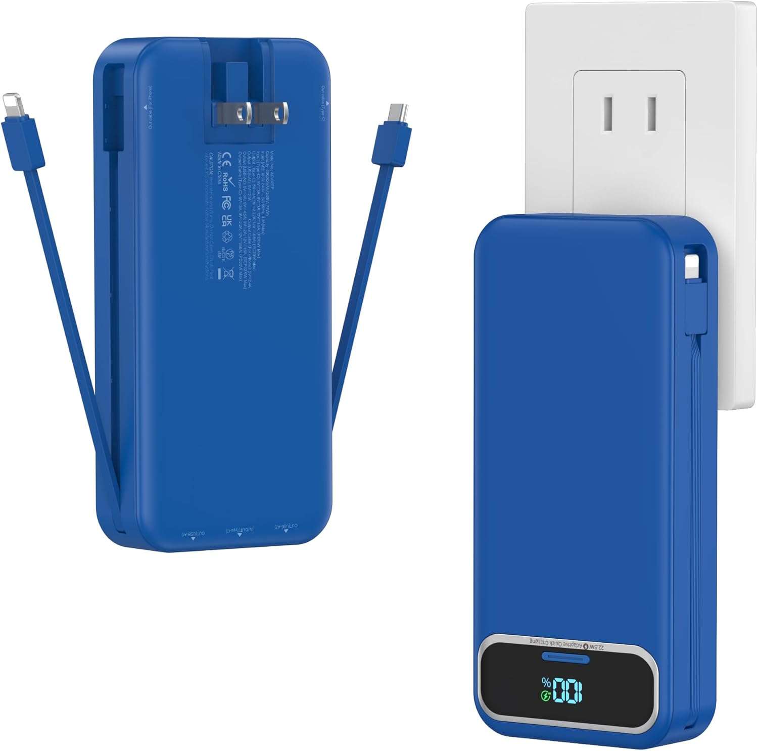 20000mAh Lightweight-Portable-Charger-Power-Bank with Built-in Cables and AC Wall Plug, PD20W USB-C Fast Charging Battery Pack, LED Display External Travel Phone Charger for All iPhone,Samsung,Android