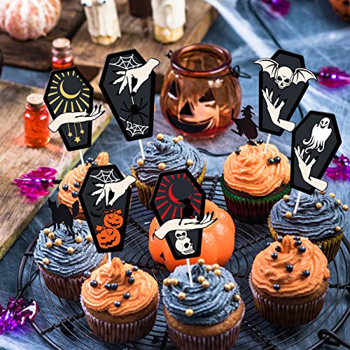 Whaline 24Pcs Halloween Cupcake Topper 6 Design Coffin Cake Topper Scary Cupcake Decoration Table Centerpiece Sticks Appetizer Picks For Halloween Party Supplies #TOP4