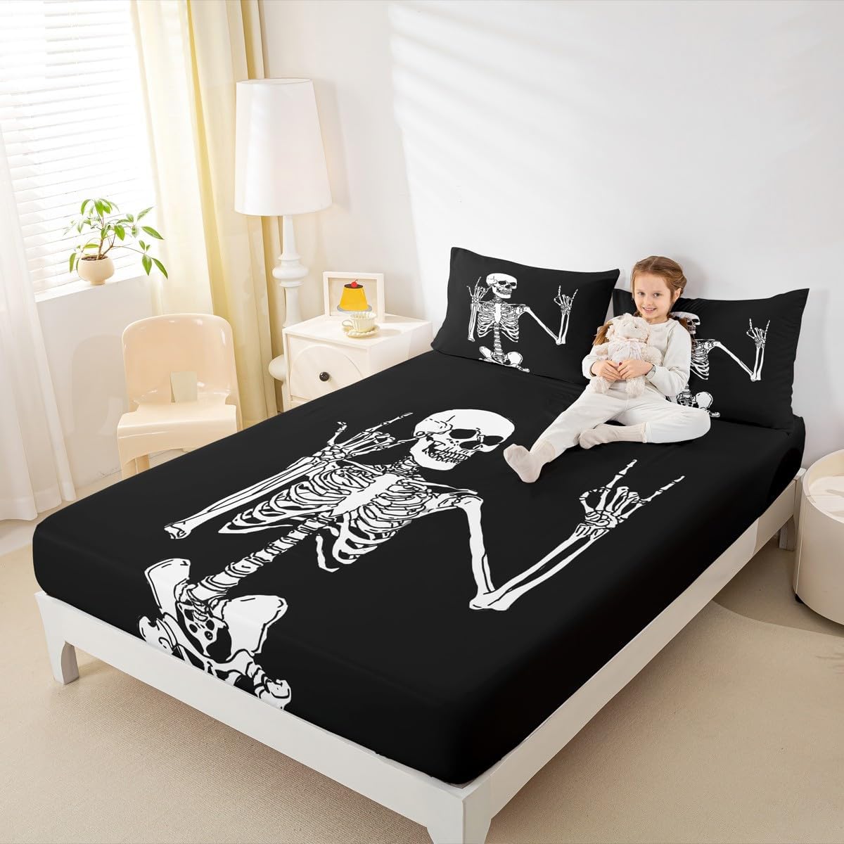 Erosebridal Gothic Skull Bed Sheets Full, Halloween Rock Roll Music Hippie Posing Skeleon Fitted Sheet, Black Bedding Set, Funny Skull Skeleton Victory Sheets with 2 Pillowcases