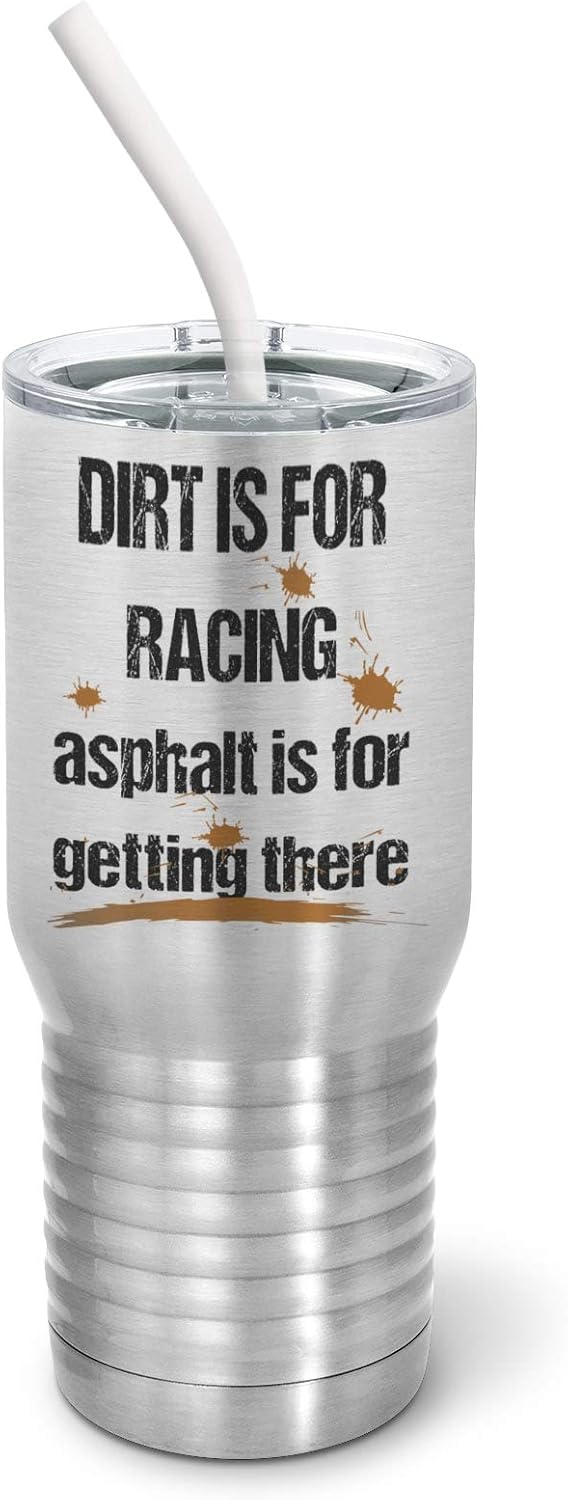 PixiDoodle Funny Dirt Bike or Mud Racing Distressed Tumbler with Spill-Resistant Slider Lid and Silicone Straw (20 oz Tall Tumbler, Silver)