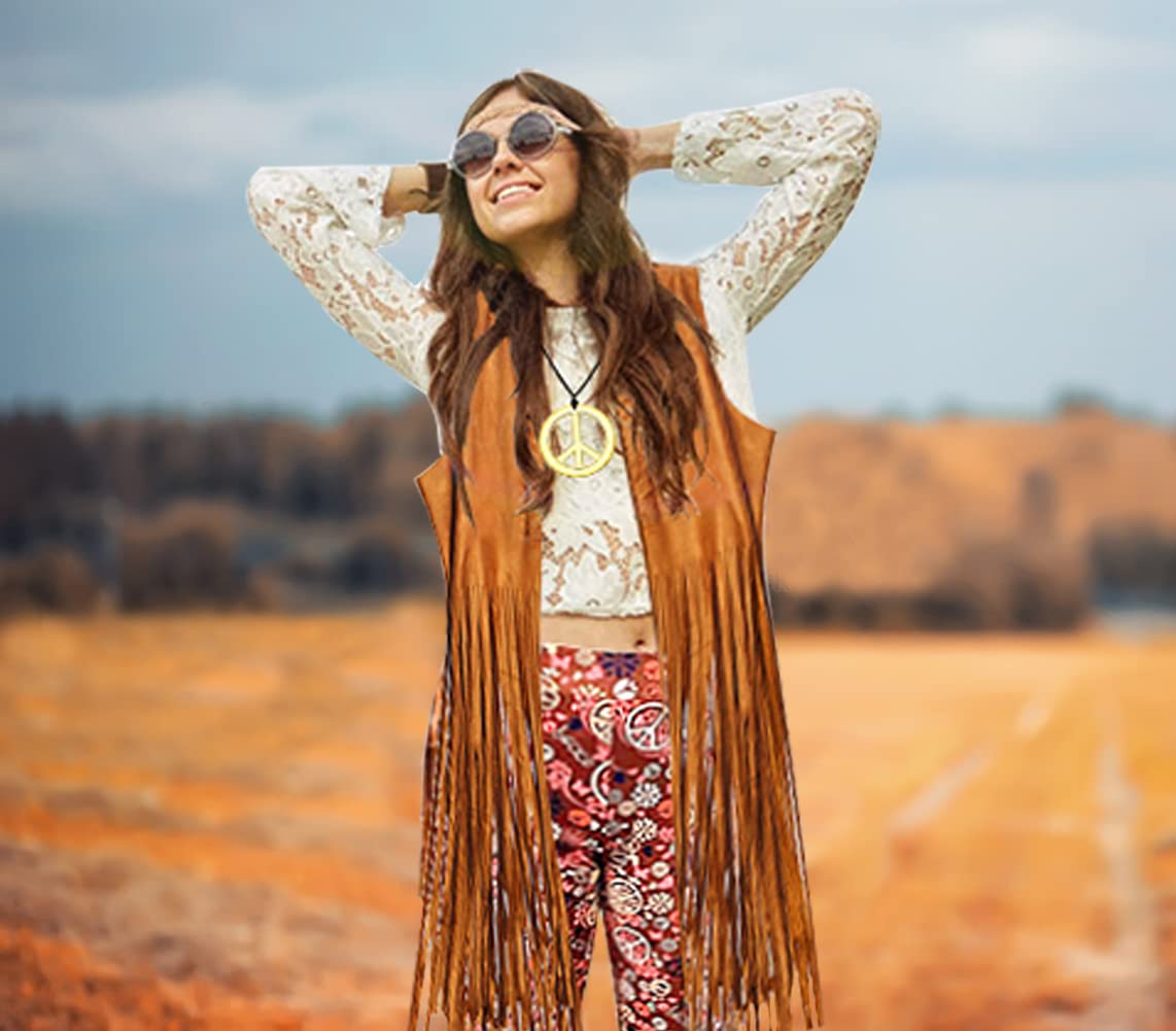 Hippie Kostüm Damen Set mit Fransen Weste Hose und Hippie Kleidung Damen Zubehör Boho 60er 70er Hippie Bekleidung Damen Disco Outfit Karneval Flower Power Cowgirl Kostüm Damen für Fasching