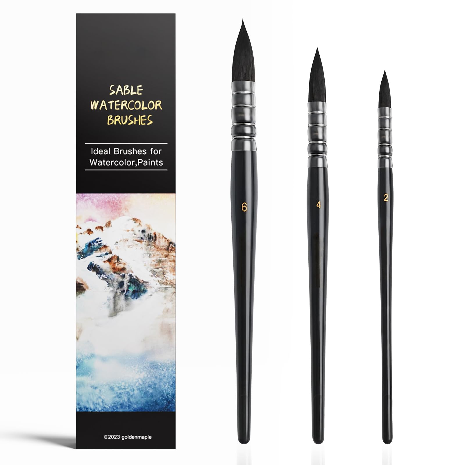 Sable Watercolor Brush Set 3pcs Professional Round Artist Paint Brush Watercolor Mop Brush for Watercolor Acrylic Gouache Ink Tempera (Size2, 4, 6)