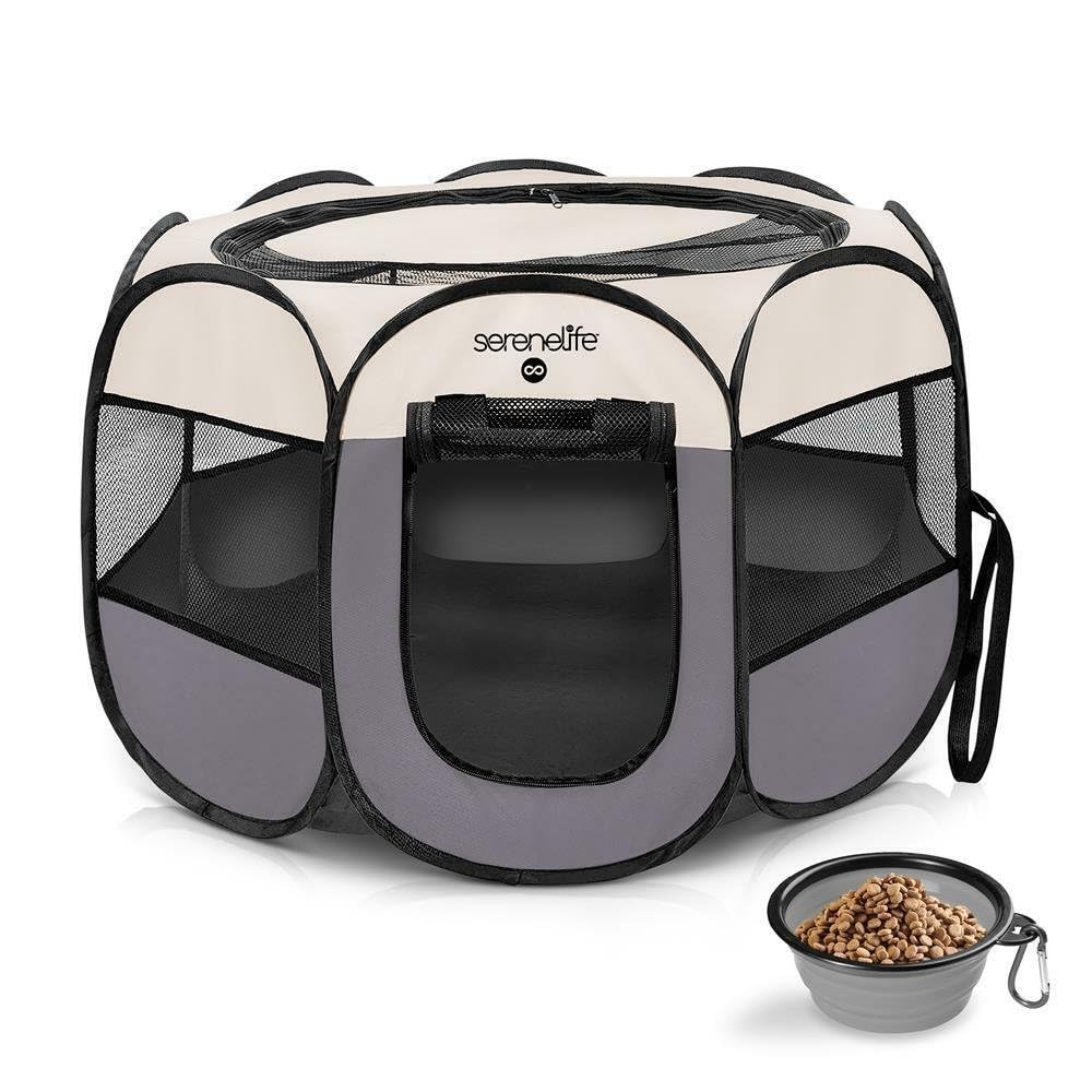SereneLife On-The-Go Foldable Portable Pet Tent 8-Panel Playpen for Dog & Cat w/Food/Water Bowl, Mesh Exercise Puppy Playground, Pet House Indoor & Outdoor, Travel & Camping Pet Kennell (Grey- Large)