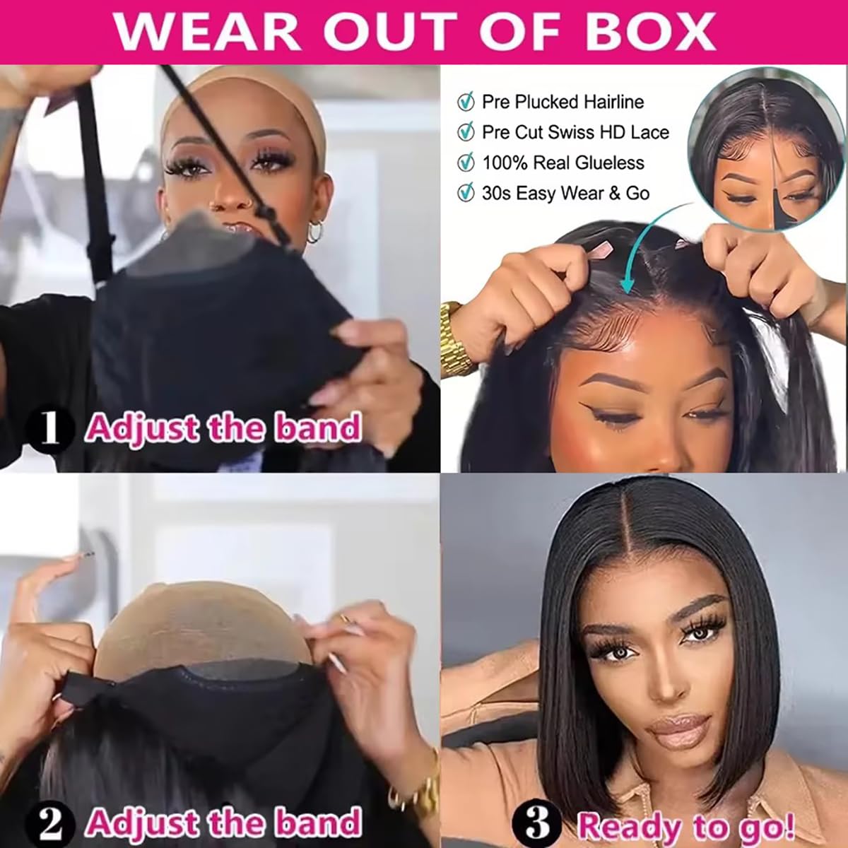 Glueless Wigs Human Hair Pre Plucked Pre Cut Straight Bob Wigs for Black Women 5x5 HD Lace Closure Wigs Human Hair Wear to Go Glueless Bob Wig 16 Inch