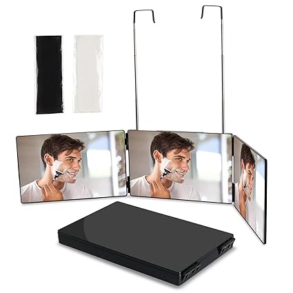 3 Way Trifold Mirror for Hair Cutting 360 Degree View Haircut Tools for Hair Cutting, Shaving, Grooming, Hair Styling, Dye Hair and Makeup with Height Adjustable Telescoping Hooks and Cleaning Cloth