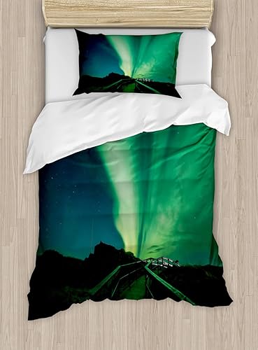 Ambesonne Aurora Borealis Duvet Cover Sets, Wooden Bridge Solar Sky Scenic Radiant Rays Arctic Magic Scenery, Bedding Set with 2 Duvet Covers & 4