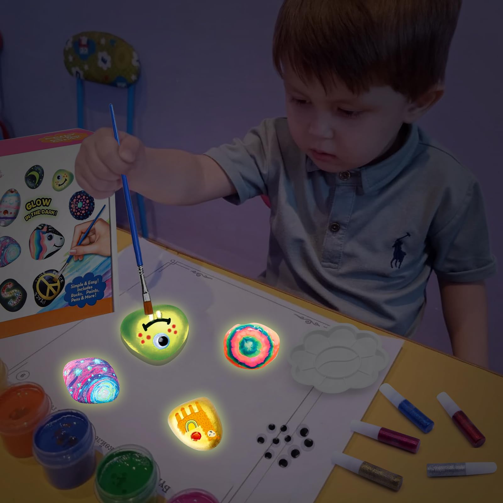 YESLUSY Kit Creativi Pittura di Pietra per Bambini con 18 Pigmenti Colori e Accessori, Regalo di Compleanno, Lavoretti Creativi dai 3 ai 10 Anni