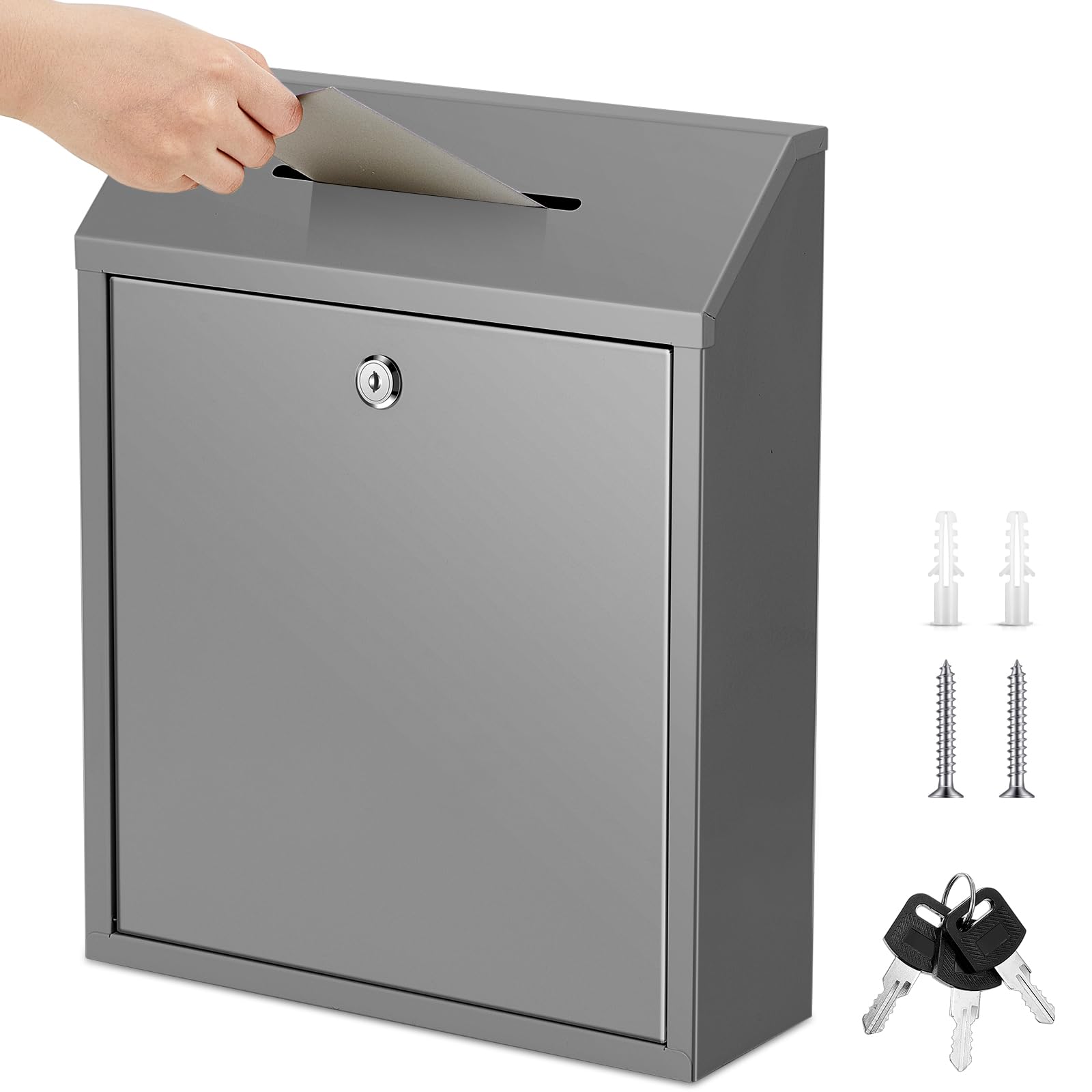 Yaocom Metal Money Drop Donation Cash Box for Farm Stand Collection Safe Suggestion Box with Lock Wall Mounted Mailbox Container for Home Office Outdoor(Gray,15 x 12 x 4 Inch)