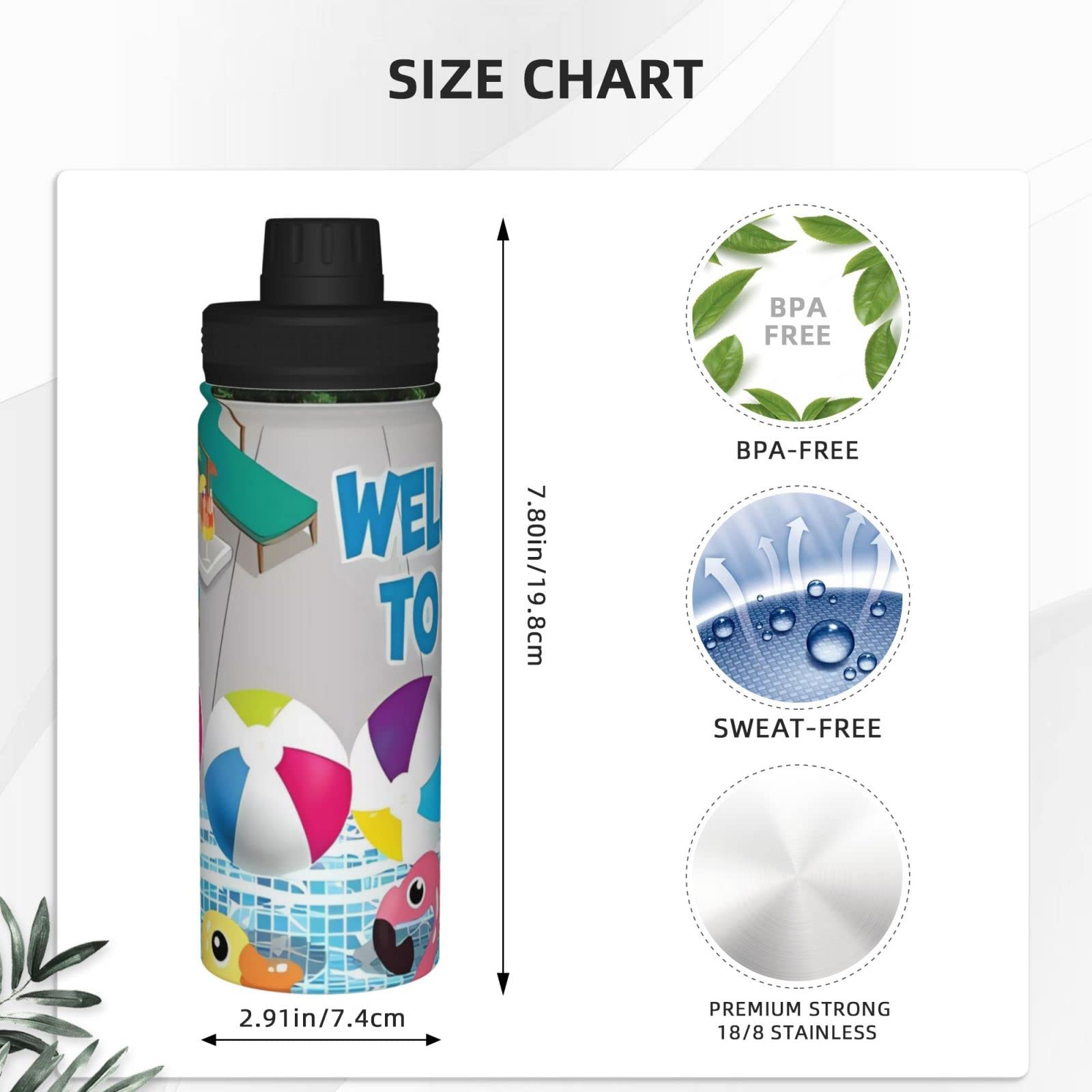 Flamingo und Schwimmbad-Sport-Wasserflasche, 510 ml, isolierte Edelstahl, auslaufsichere Wasserflasche für Reisen, Fitnessstudio, Büro