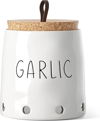 LE TAUCI Contenedor grande para ajos, contenedor de almacenamiento de cocina de cerámica de 5 pulgadas, con tapa de corcho, regalo de granja,