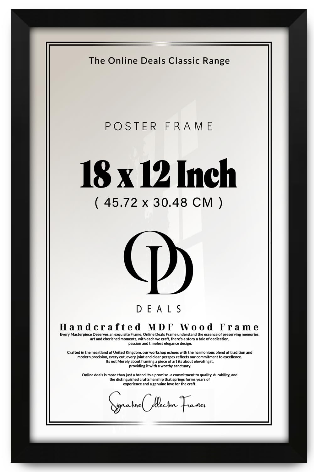 OD Deals 18x12 Inch (457x305 mm) MDF Frame | Flat Modern Matt Finish, Acrylic Display, Strong Clips & Backing, for Artwork & Photos (Matt Black)