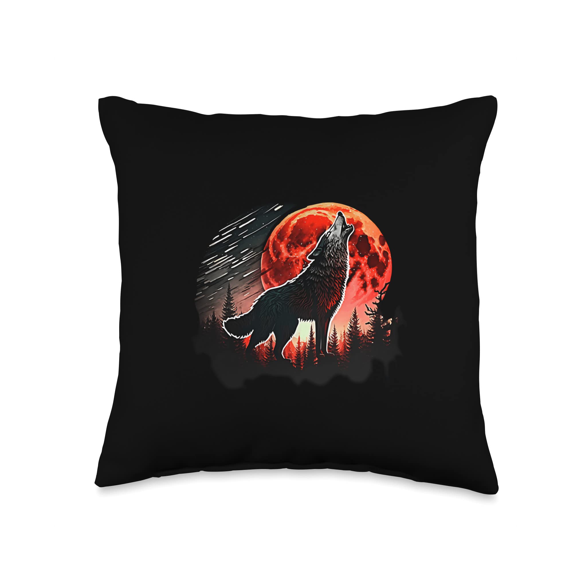 Red Moon Wolf Forest Nature I Gift Throw Pillow, 16x16, Multicolor