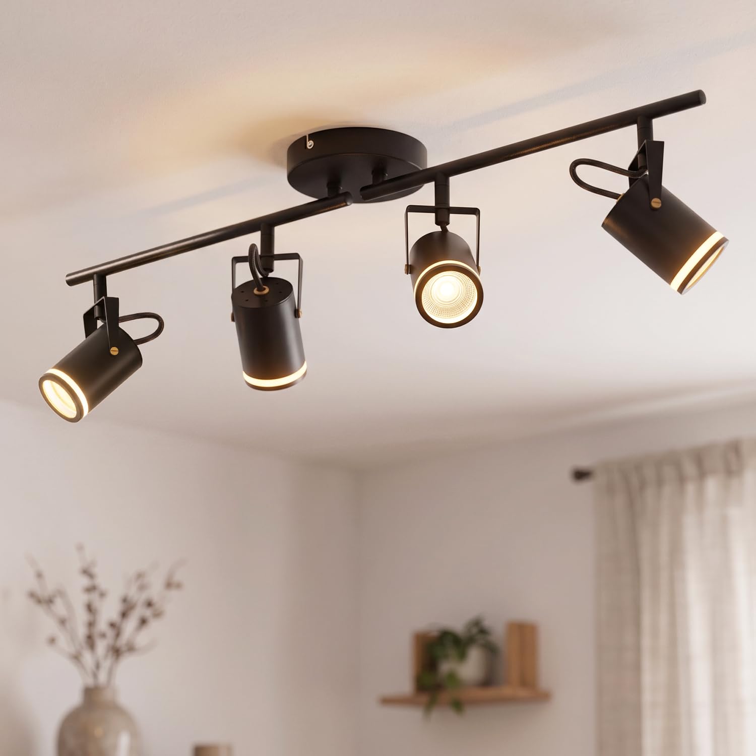 LVWIT Kitchen Ceiling Lights Adjustable,4 Way Ceiling Spotlights GU10,Black Ceiling Light Fittings,Metal Spotlight Bar,Modern Ceiling Lights for Hallway Bedroom Dining Room(NO Bulb)