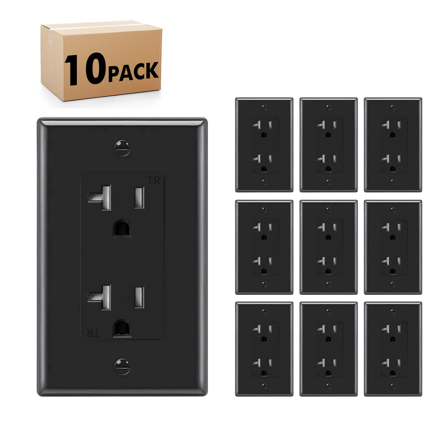 Micmi Decorator Receptacle Outlet, Tamper Resistant, Decorative Receptacle Outlet, Grounding with Wall Plate UL Listed (10, Black, 20 Amp Outlet)