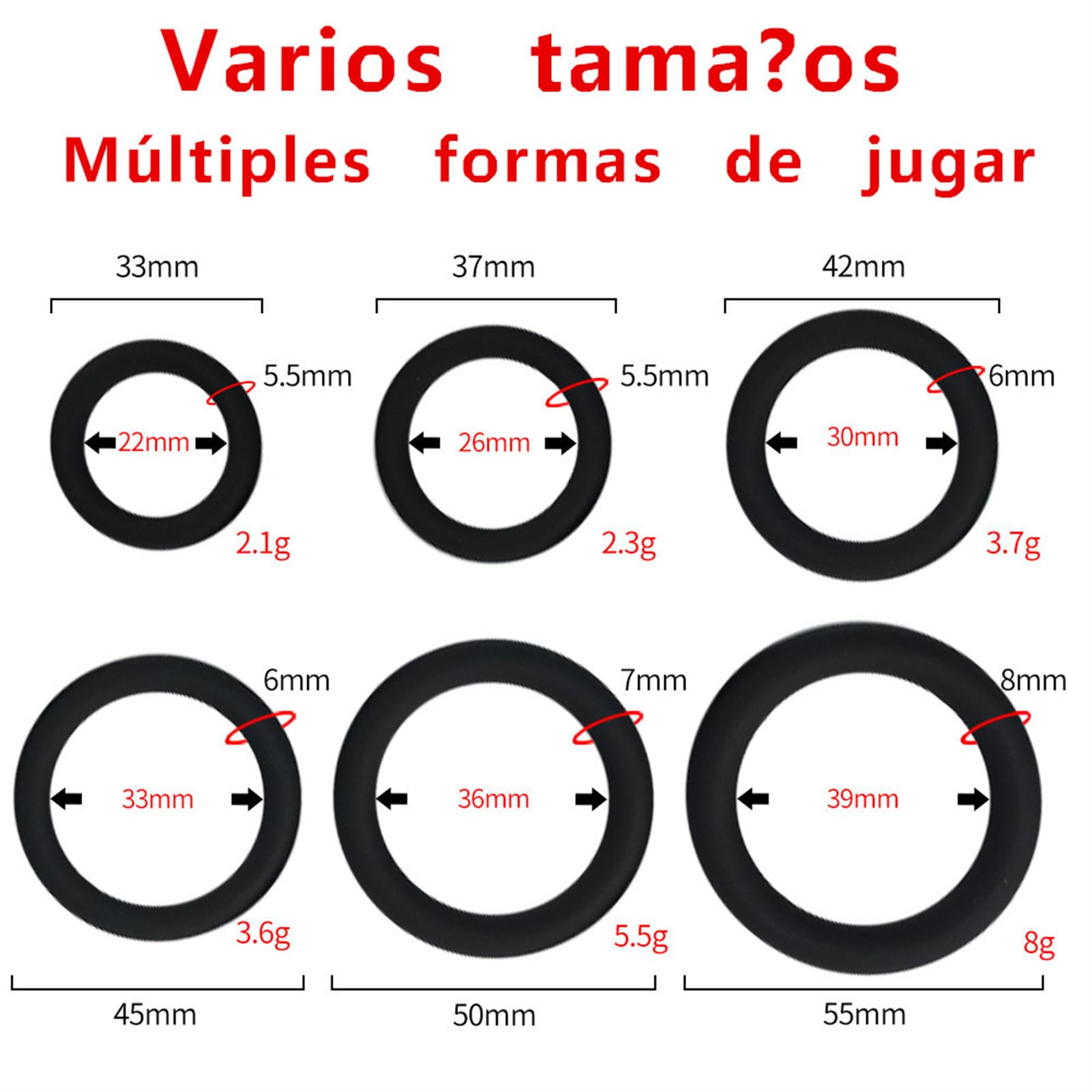 Anillo de Silicona Triangular y Circular para Hombres, Negro, 6 Tamaños, Set de 7 Piezas con Lazos Ajustables
