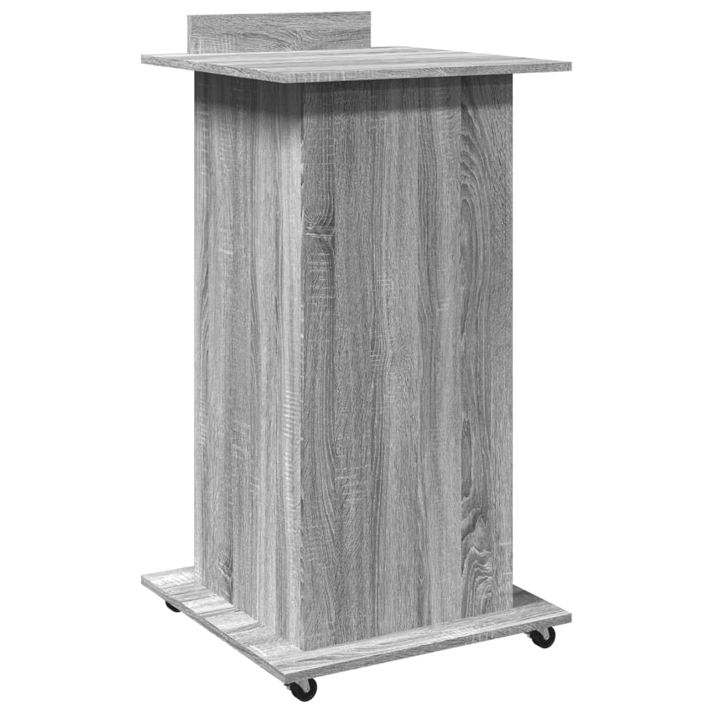 Atril con ruedas y cajón, gris Sonoma, 55 x 55 x 107 cm, escritorio de pie móvil con placa superior inclinable y espacio de almacenamiento para presentaciones y oficina de material de madera