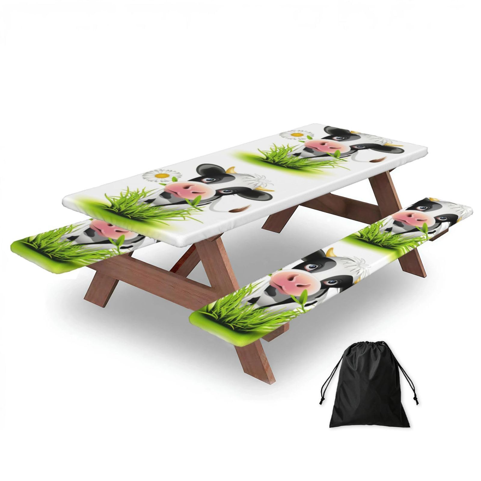 Duwaa Black Cute Cow Print 183Cm Picnic Table Cover With Bench Covers, Waterproof Elastic Tablecloth Set For Outdoor