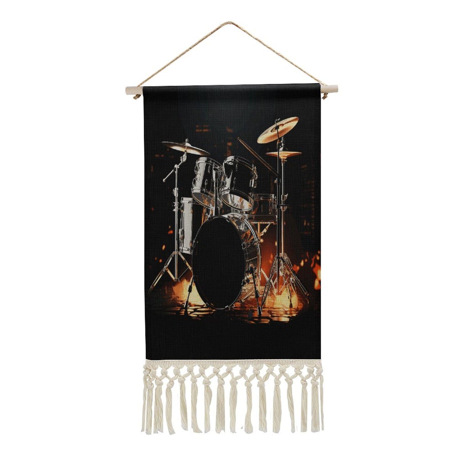 VstaDank Drummer Wall Art Decor with Tassels 20"x10" Cotton Linen Hanging Tapestry Decor Wall Art Prints Wood Frame Boho Wall Art Poster for Bedroom Living Room Office