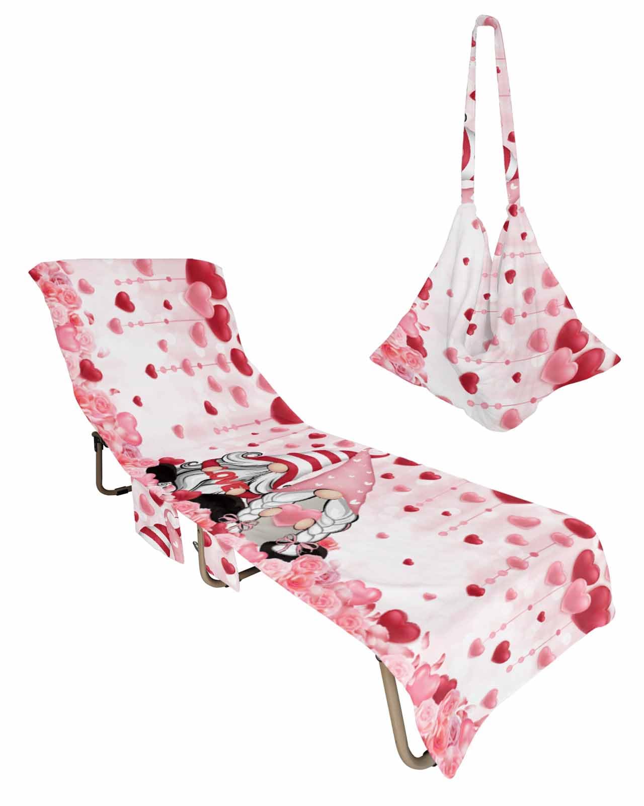 Red Pink Gnomes Valentines Beach Lounge Chair Towel Cover, Soft Chaise Lounge Towel with Side Pockets Patio Pool Chairs Cover for Beach/Pool Sunbathing 29x85 Pink Floral Love Heart