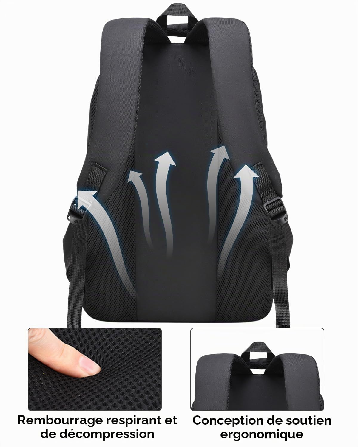 Amythe Cartable École Ados Garçons 10 à 18 ans Imperméable Lycée 28 L, Noir