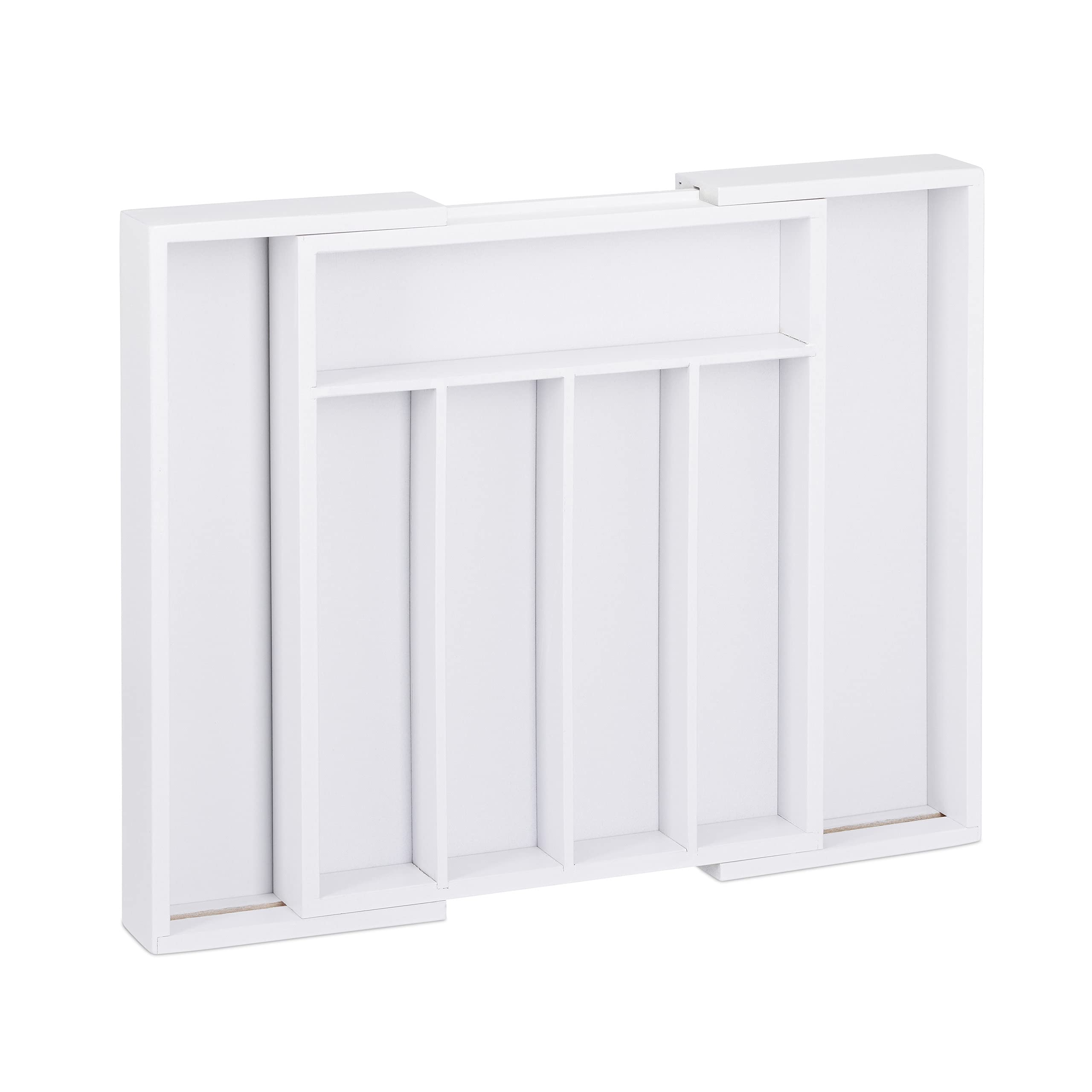 Relaxdays Portaposate da Cassetto Estraibile Larghezza Variabile da 5 a 7 Scomparti in Bambù HLP: 5,5x48,5x37cm bianco