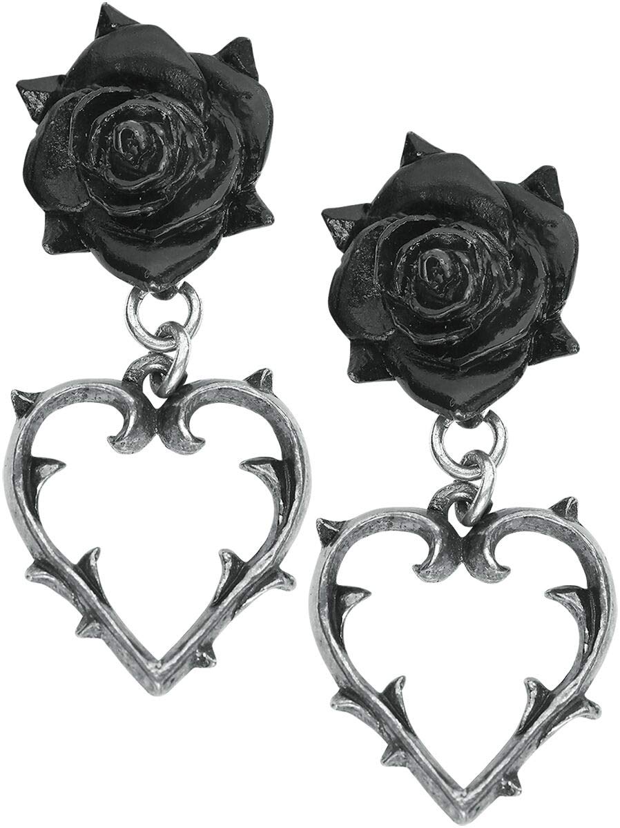 Alchemy Gothic Wounded Love Black Rose & Thorned Heart Earrings - 