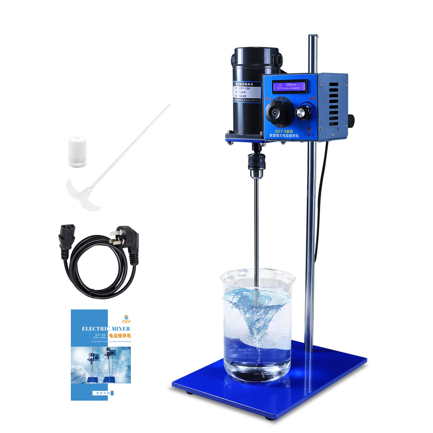 Electric Overhead Stirrer, Lab Mixer, Industrial Liquid Mixer with Time Setting & Speed Adjusting, Adjustable Height Mechanical Mixer with Stirring Rod, 60-1650 RPM, Max Mix 50L (DXY-120)