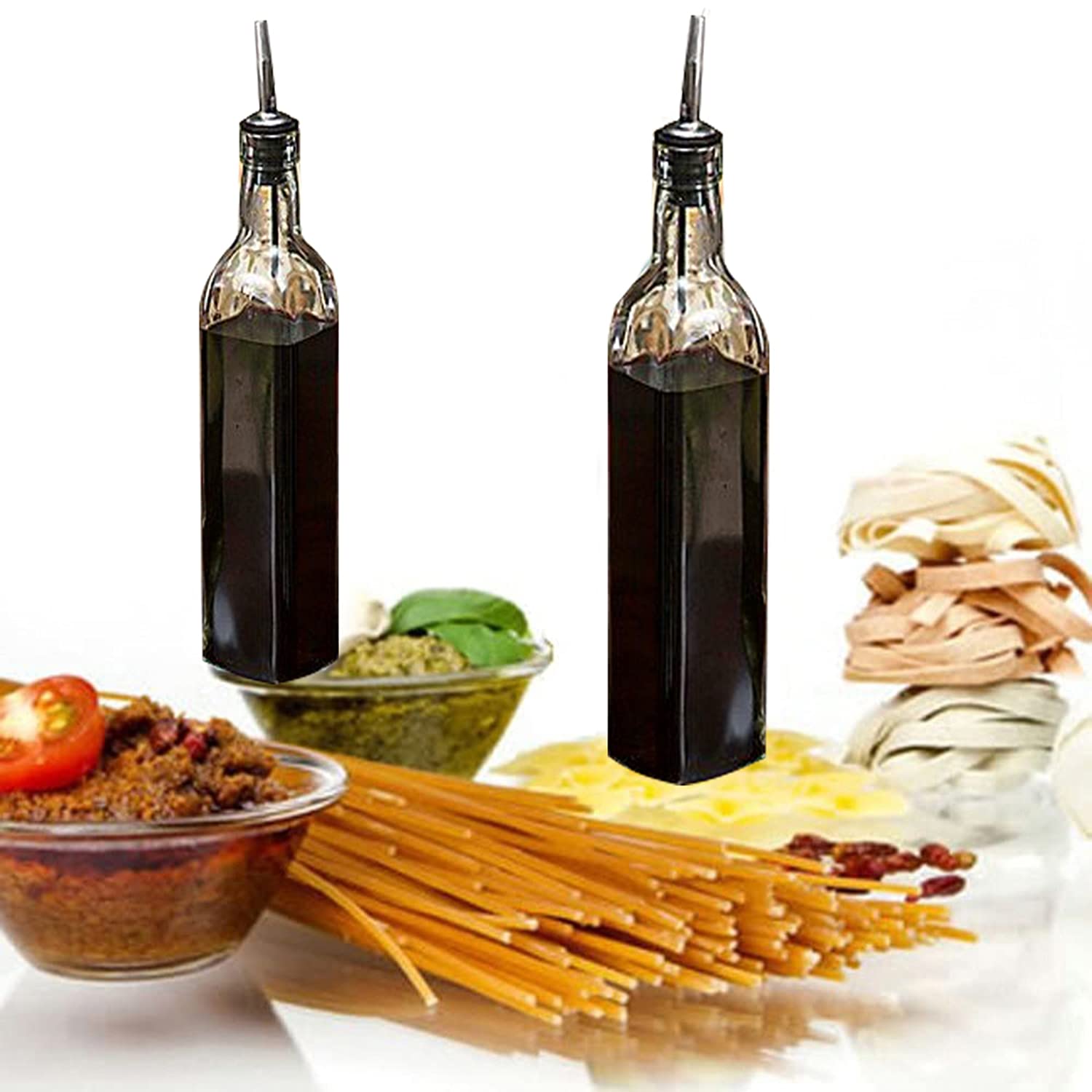 DLD- Juego de 4 botellas dispensadoras de aceite de oliva de vidrio de 16 onzas, botella de vinagre y aceite verde oscuro de 500 ml con vertedor, jarra de aceite de oliva para cocina