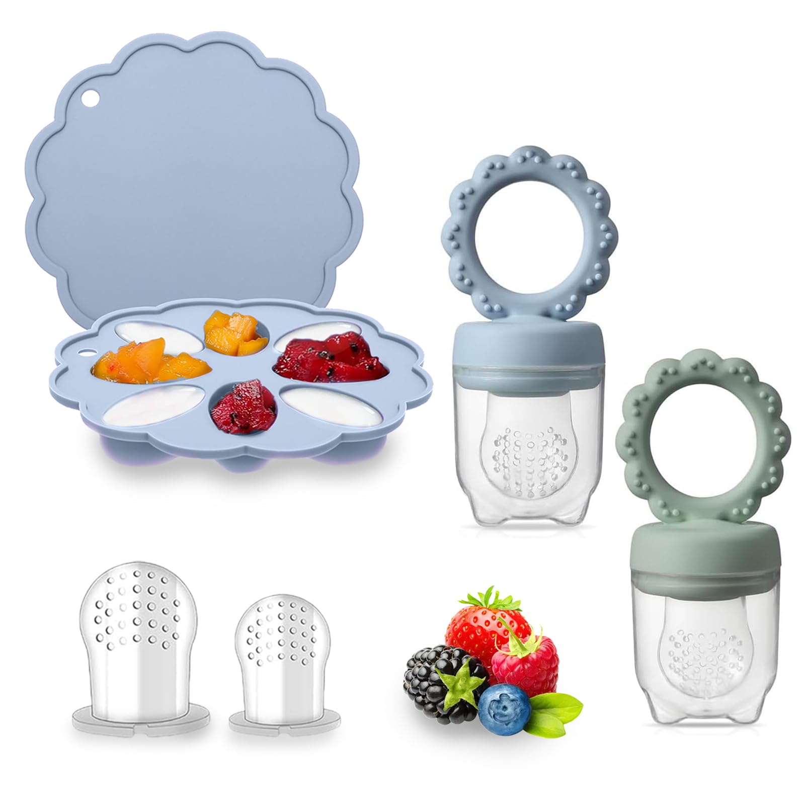 ZUFIO Fruchtsauger Baby -Fruchtsauger Baby ab 6 Monate (2 Fruchtsauger + 1 Eisform+3 Schnuller) für Babynahrung Muttermilch Eiswürfel(Blaues Tablett/Grün 2+1)