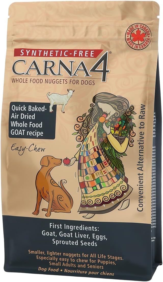 CARNA4 Air Dried Dog Food, Goat Recipe, Quick Baked Whole Food Nutrition with Sprouted Seeds, Natural Probiotics & Enzymes, No Synthetics, Grain-Free, Easy-Chew - 5lbs