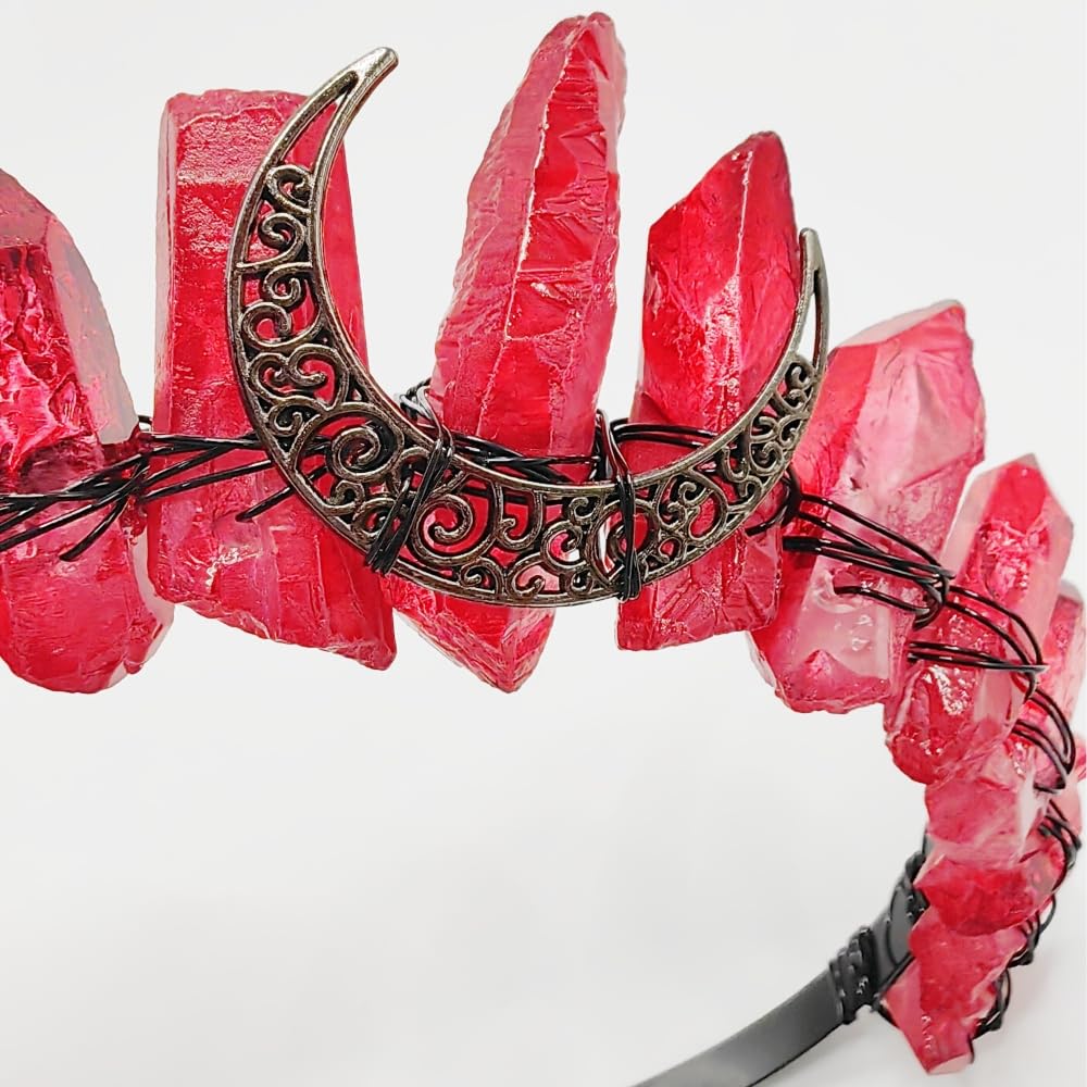 Brawlady Raw Crystal Red Headband, Rhinestone Tiara Crown Headband Boho Raw Quartz Moon Goddess Headpiece for Women Girls(red1moon) - Image 4