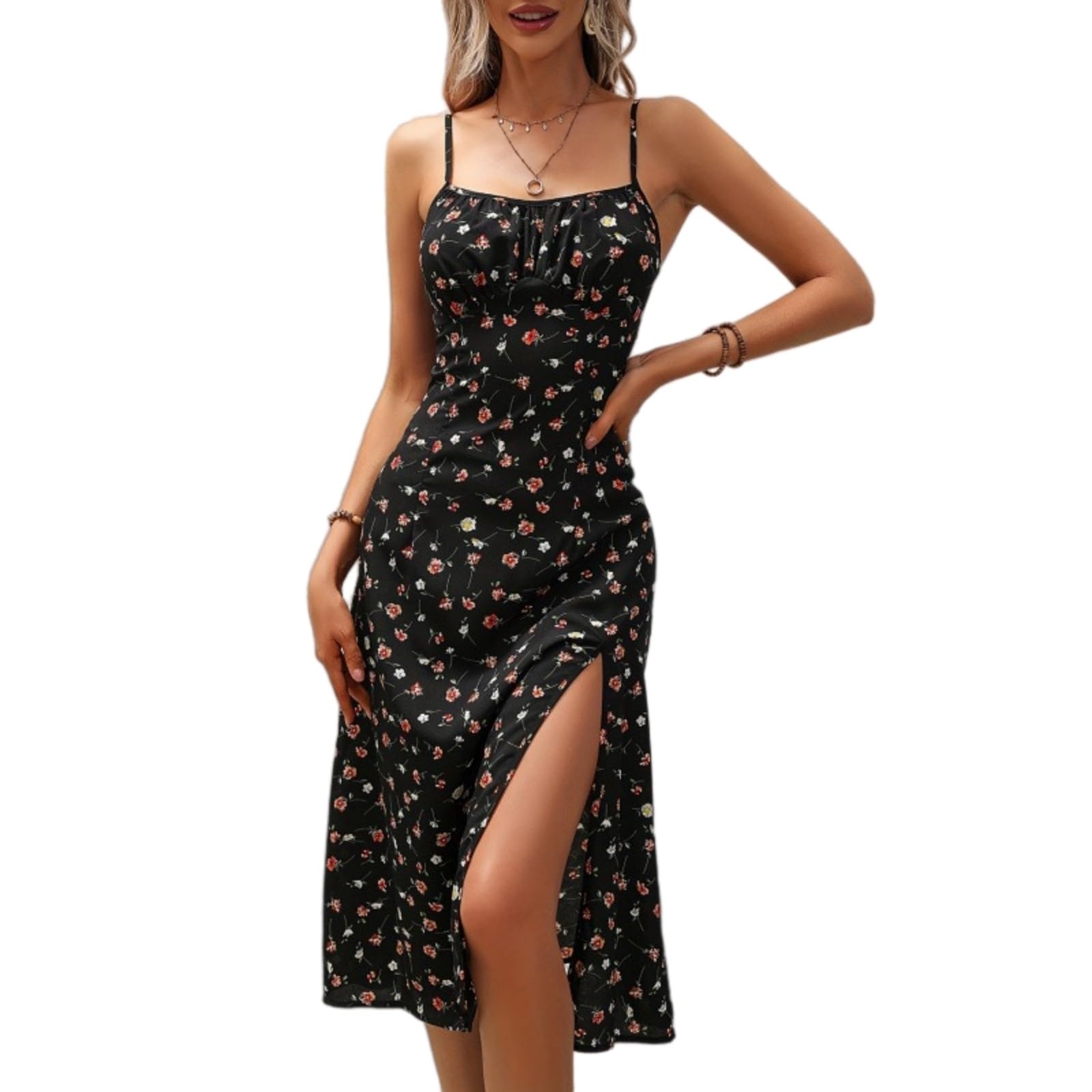 Vestito Donne Floral Maxi Abito Spaghetti Cinturina Fenduta Boho Summer Beach Sundress Elegante Stampa Lungo Chic Vacanza Outfit Vestidos-Black-XL