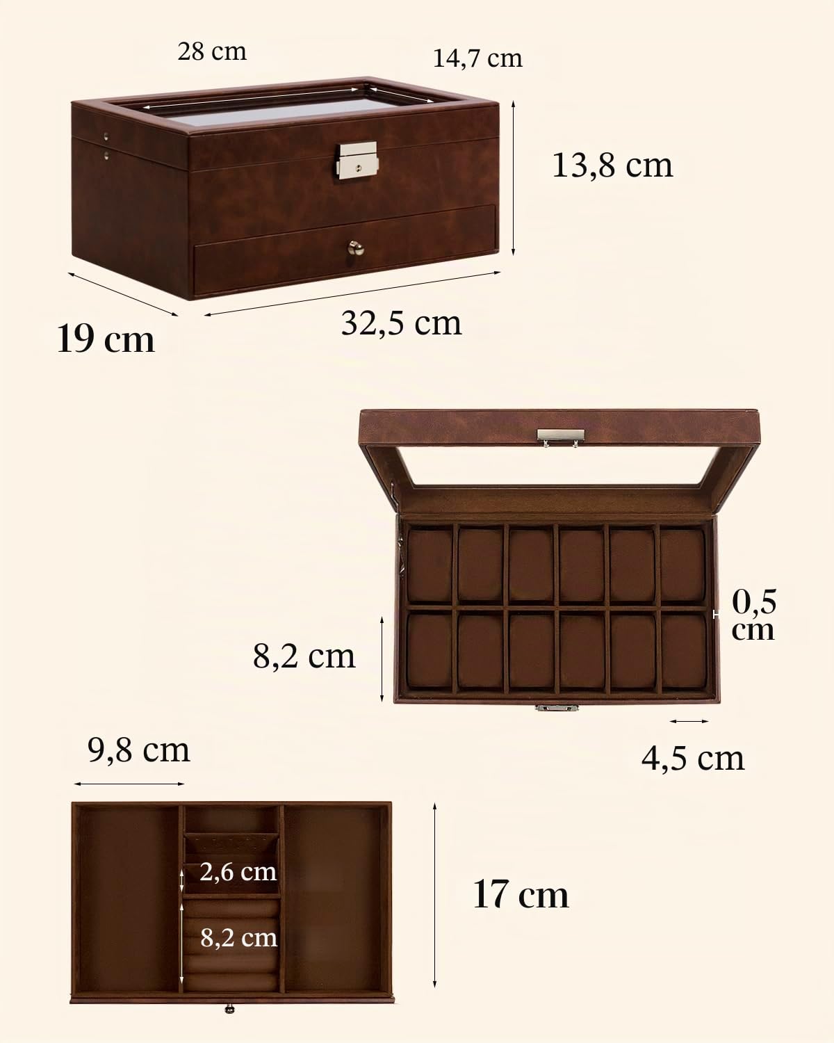 Boîte à montres pour 12 montres, à 2 étages avec couvercle en verre et tiroir, pour homme, avec serrure à clé, cadeau parfait pour homme, pour bagues, boutons de manchette et montres, marron