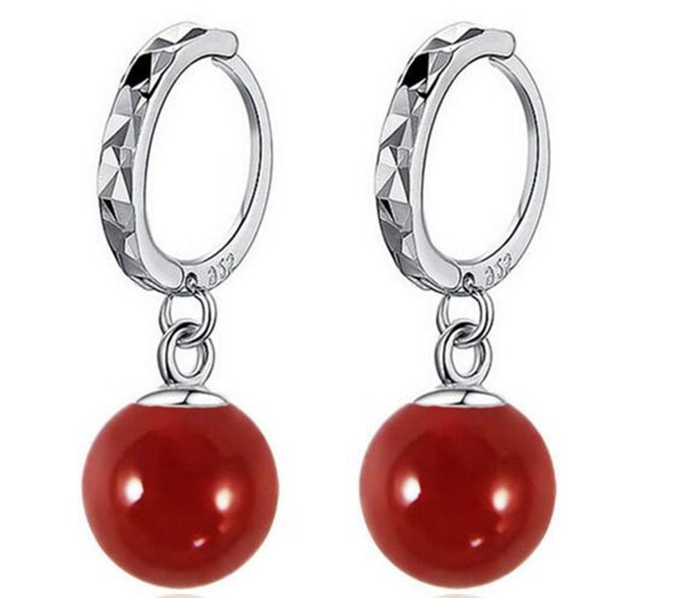 BoowholWomen's Diamond Clip on Earings Dangle & Drop Hoop Creole Red Pearl 925 Sterling Silver Earrings